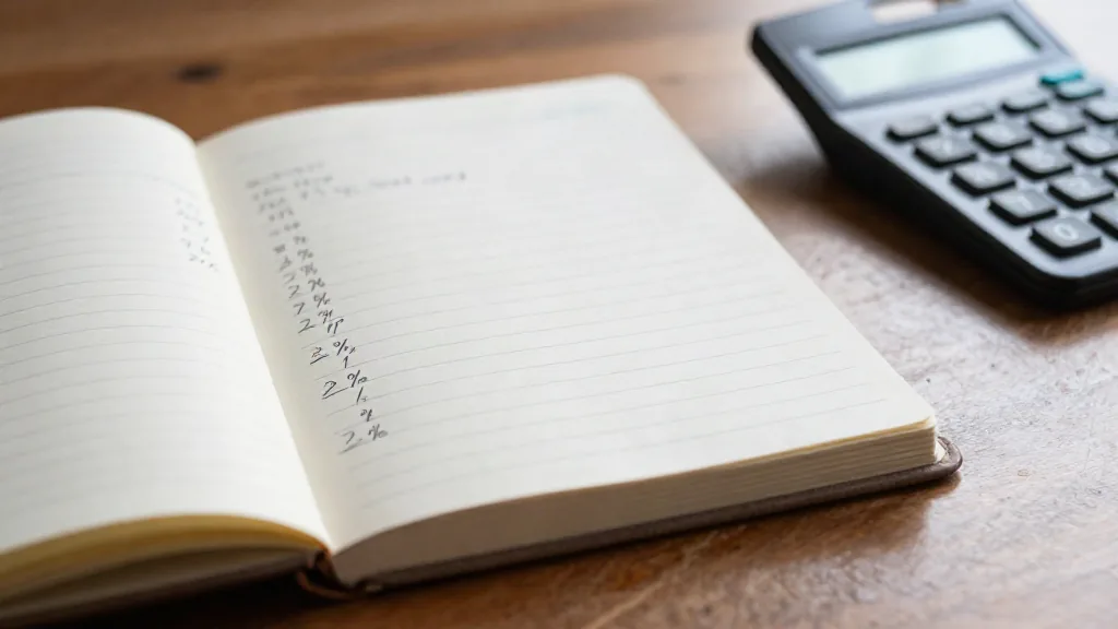 Cuaderno con porcentajes escritos a mano y una calculadora