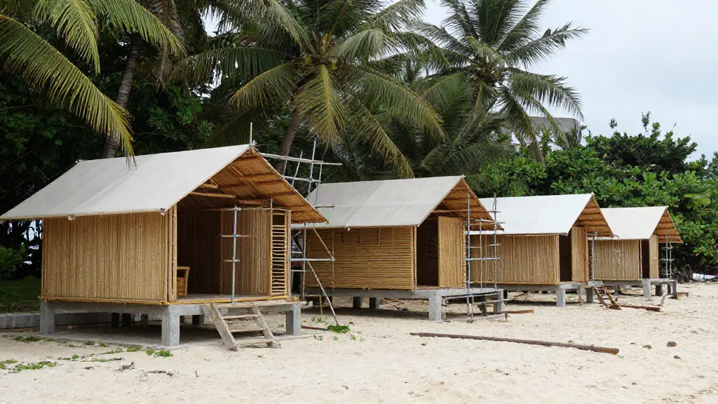 Cabañas sin terminar en una playa tropical