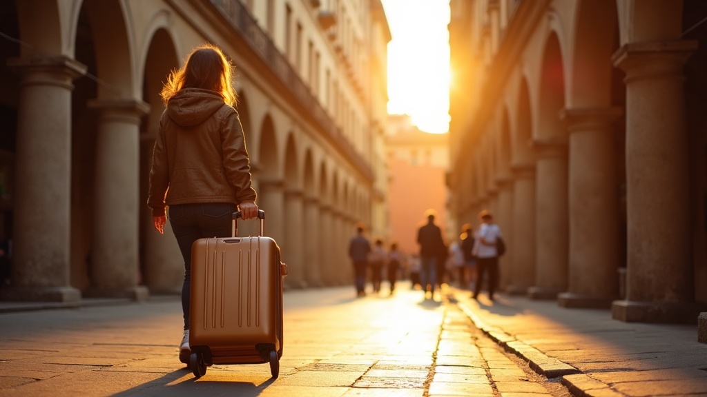 Estudiante internacional llegando a una ciudad universitaria italiana