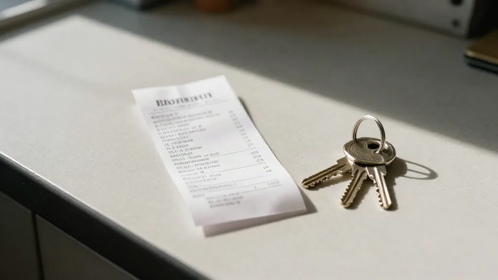 Un tique de la compra y unas llaves sobre la mesa de una cocina