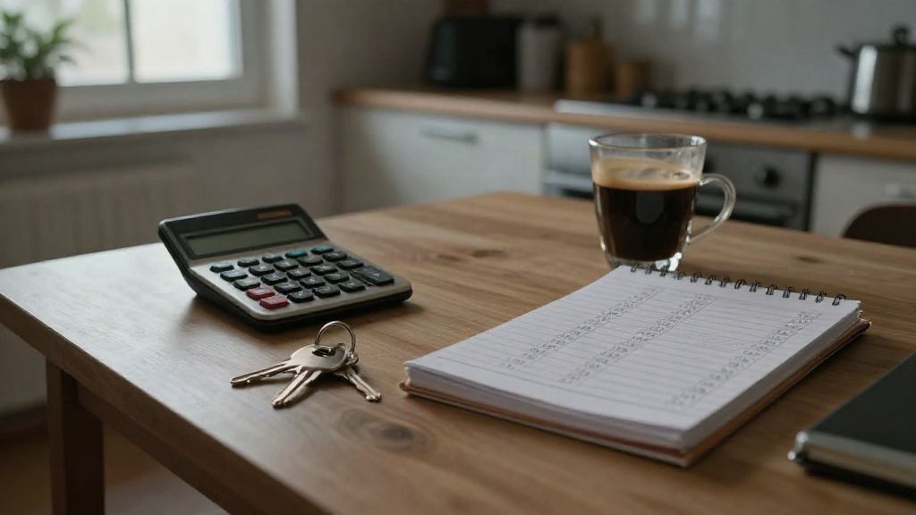 Calculadora, llaves de un piso y un cuaderno con cuentas sobre una mesa de cocina