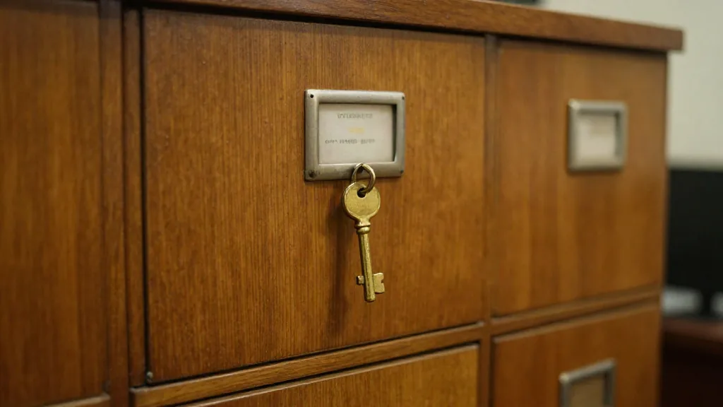 Archivador de madera antiguo con una llave de latón