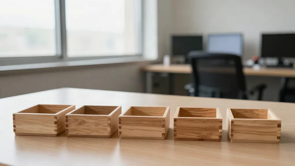 Cinco cajas iguales sobre una mesa, una de ellas abierta