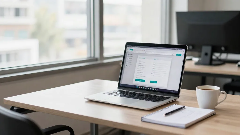 Mesa de trabajo con un portatil y un cuaderno con numeros