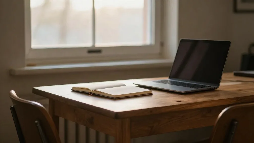 Escritorio de madera junto a una ventana al amanecer, con un cuaderno cerrado y un portátil