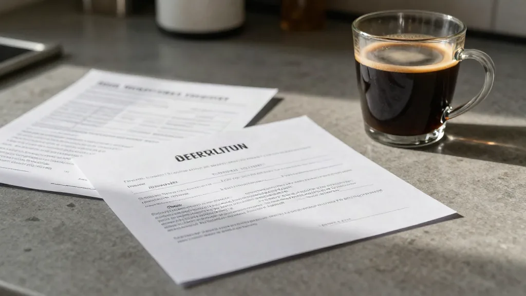 Un certificado de acciones sobre una mesa de cocina junto a una factura y un café frío